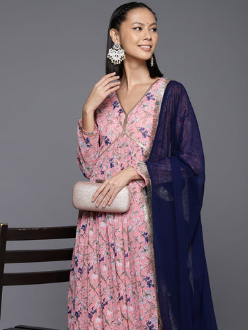 Varanga Women Pink Floral Printed V-Neck Anarkali Kurta Paired With Dupatta